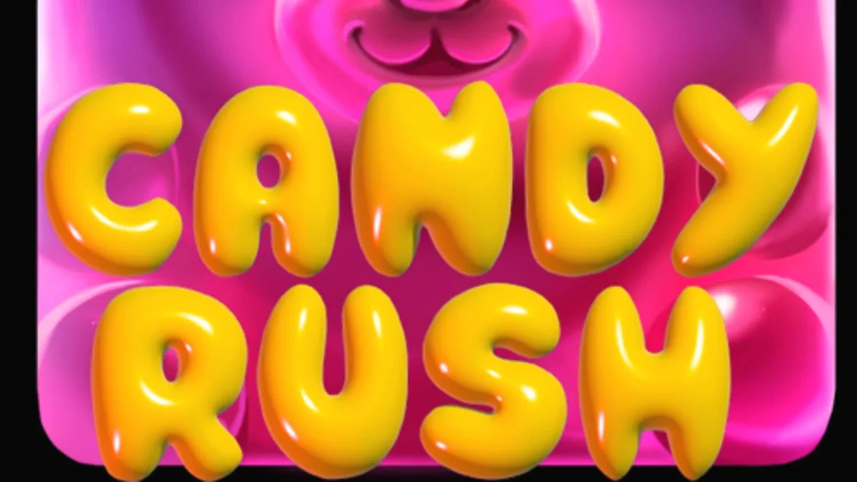 Tampilan visual penuh warna dari slot Candy Rush dengan simbol permen yang cerah.