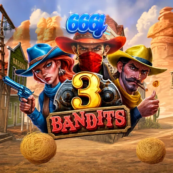 Tampilan antarmuka permainan slot 3 Bandits dengan tema Wild West yang kental