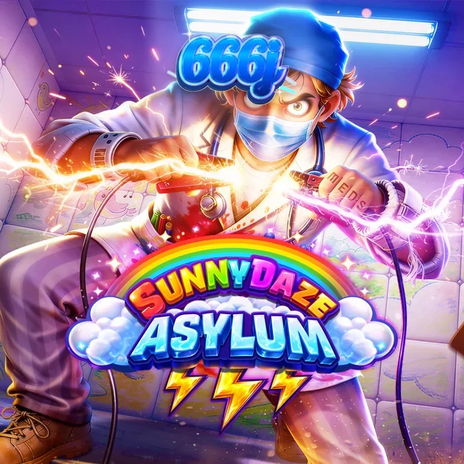Tampilan visual slot Sunnydaze Asylum dengan gaya komik yang penuh warna dan atmosfer horor.